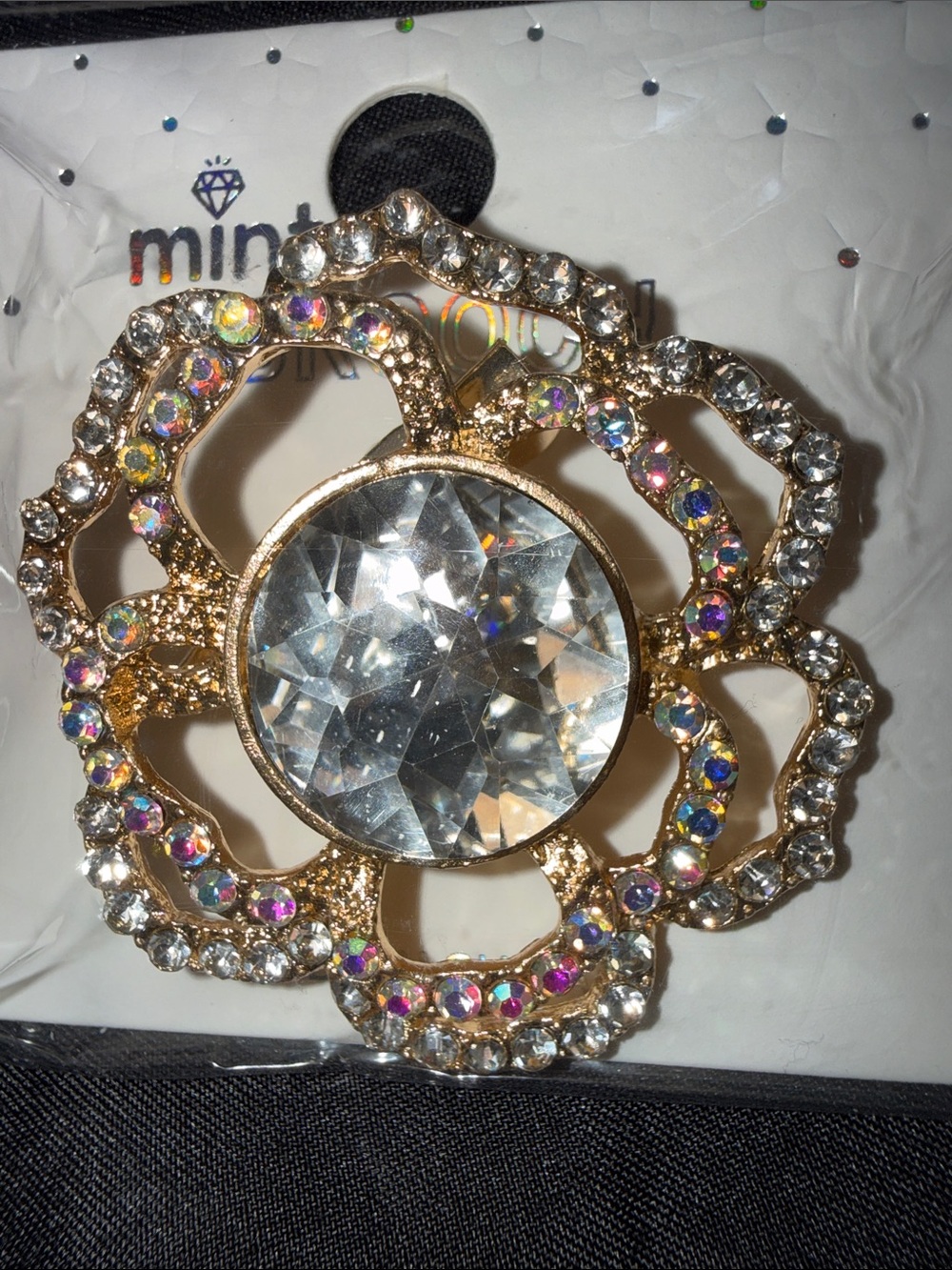 Gold-Tone Floral Crystal Brooch with Clear and Aurora Borealis Stones